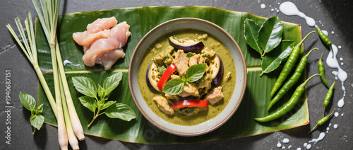 Thai green curry flatlay with chicken and vegetables, lemongrass, kaffir lime leaves, green chilies and coconut milk on banana leaf