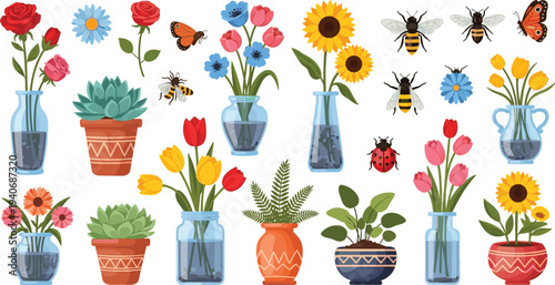 Colorful flowers in pots and glass vases vector set with bees butterflies ladybug and garden plants illustration collection
