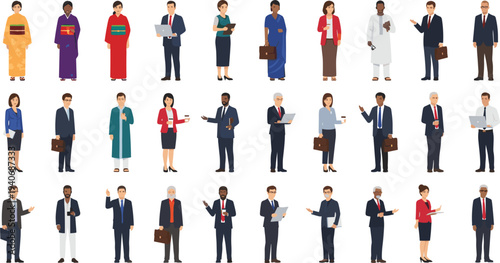 Diverse people in traditional cultural clothing and business attire vector character set with multicultural men and women