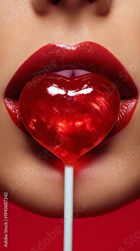 An extreme macro, high-glamour shot of a personâ€™s lips and a translucent red lollipop