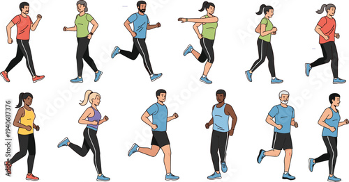 People jogging and running vector character set with men and women fitness workout exercise healthy lifestyle illustration
