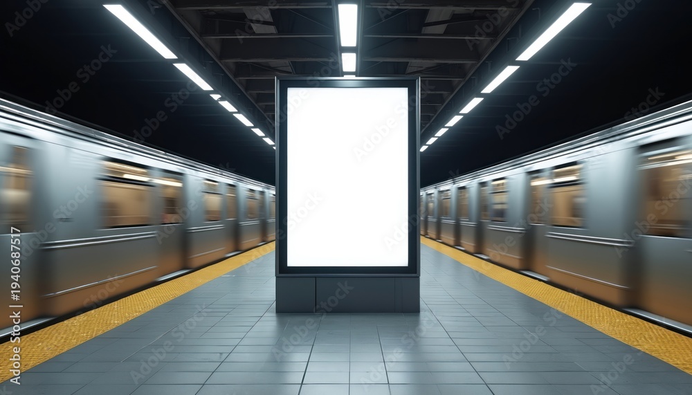 Fototapeta premium Blank illuminated billboard on subway platform with moving trains passing by. Urban underground transportation hub, advertising space opportunity, dynamic metro environment, concrete station
