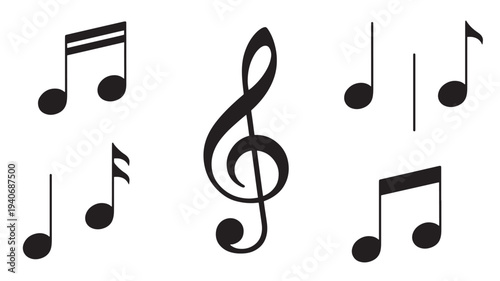 Musical notes and treble clef illustration with black symbols on a white background, representing music and harmony.