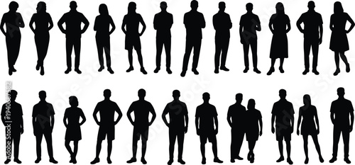 People standing silhouettes collection, men women crowd poses set, black isolated human icons, editable shapes, flat vector illustration