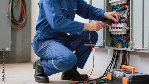 A specialist fixes the electrical distribution unit, This work keeps the power system running, The technician performs a professional system check, He uses manual tools for electrical repairs