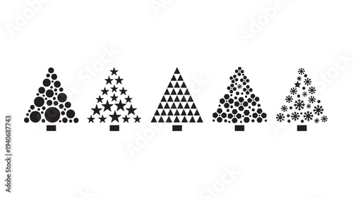 Christmas trees set with various geometric patterns including circles, stars, triangles, hexagons, and snowflakes in black.