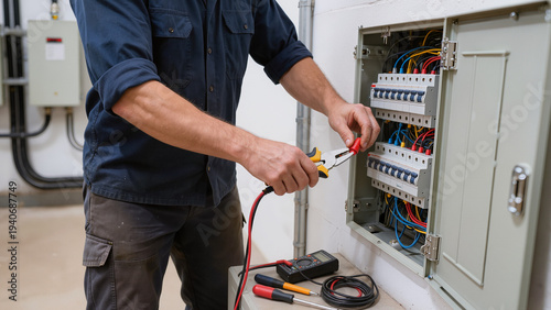 Cuadro en lienzo electrician at work, Typical industrial service is shown, Person fixes the elect