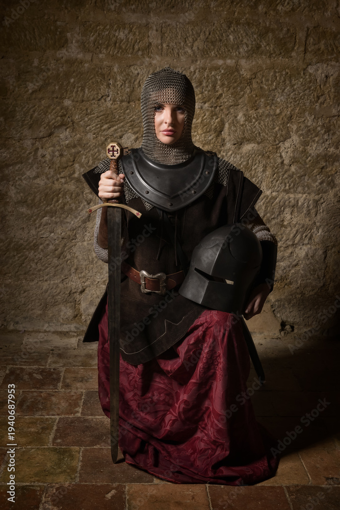 Naklejka premium Female knight with chain mail headgear