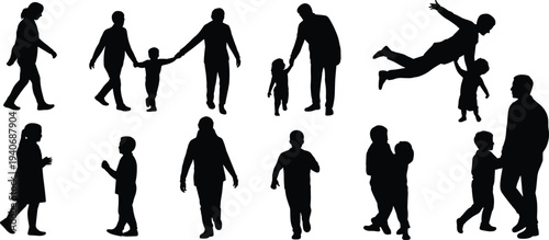 family, people, silhouettes, parents, children, walking, playing, collection, vector, illustration, love, relationship, icons, isolated, white, background, design, set, parenting, clipart