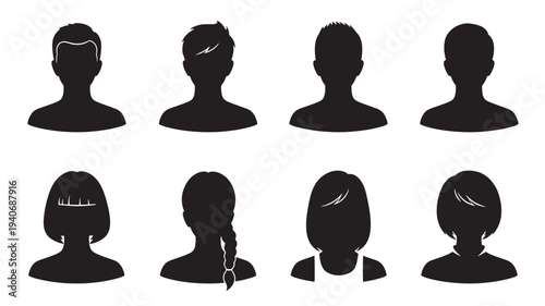 Avatars silhouette set with diverse hairstyles and genders for user profiles and icons featuring avatar, icon, profile with person and head elements