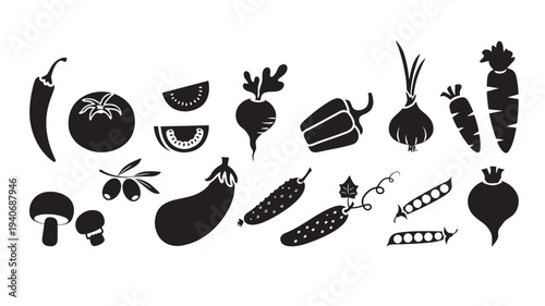 Vegetables silhouette icons featuring chili pepper, tomato, radish, bell pepper, onion, carrots, mushrooms, olives, eggplant, cucumber, peas, and