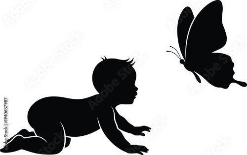Black silhouette of a crawling baby infant looking at a flying butterfly isolated on white background for childhood innocence nature and growth design concepts
