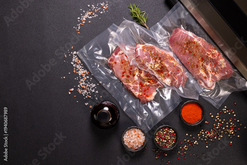 Raw meat steaks vacuum sealing for freshness and preservation