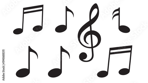 Musical notes and treble clef on a white background for music notation and composition elements featuring eighth note, sixteenth note, quarter note