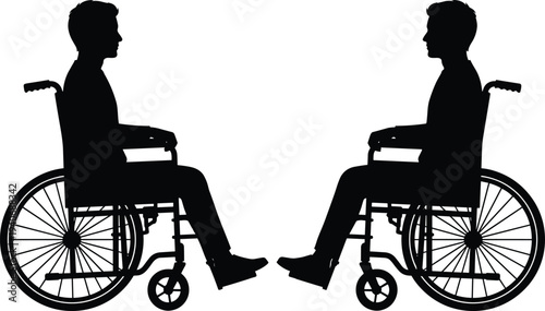 Black silhouettes of two disabled men sitting in wheelchairs facing each other isolated on white background for healthcare accessibility inclusion and medical recovery designs