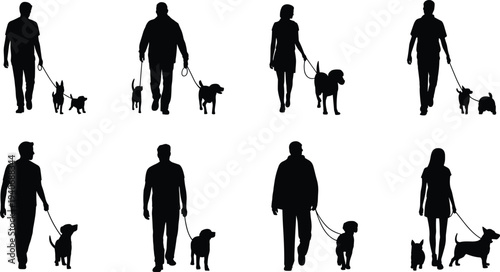 People walking dogs silhouettes set, men women with pets on leash, black isolated icons, flat vector illustration