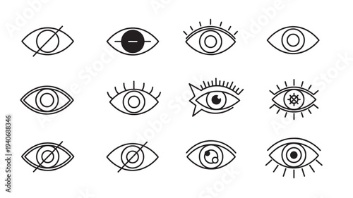 Eyes set with varied modern line art designs including forbidden, visible, and stylized iconic eye symbols