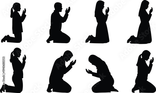 Black silhouettes of diverse men and women kneeling and bowing in prayer and meditation isolated on white background for religious spiritual and faith concepts