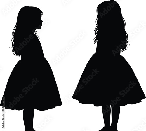 Black silhouettes of two little girls with long hair wearing beautiful dresses standing and looking at each other isolated on white background for childhood concepts