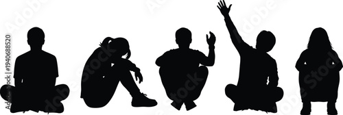 Black silhouettes set of diverse men and women sitting cross legged on floor crouching and raising hands isolated on white background for social concepts