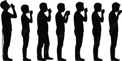 Black silhouettes set of diverse men and women standing in profile and drinking from coffee mugs or tea cups isolated on white background