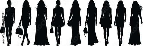 Black silhouettes set of fashionable slim women wearing various elegant dresses and carrying handbags walking in a row isolated on white background for fashion