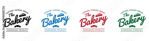 Set of four bakery shop logos with vintage design and red ribbon on white background for branding and packaging