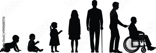 Black silhouettes set of human life cycle stages from crawling baby and little child to adult man and elderly person in wheelchair on white background