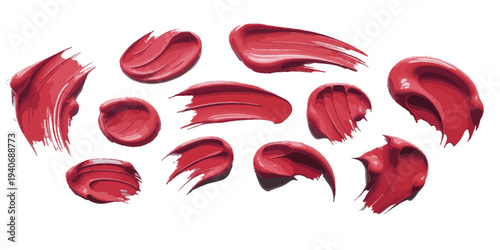 Red Lipstick Smears and Makeup Swatches Glossy Cosmetic Brush Strokes on White background.