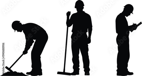 Black silhouettes set of male construction workers in hard hats digging with tools and writing on clipboard isolated on white background for industrial concepts