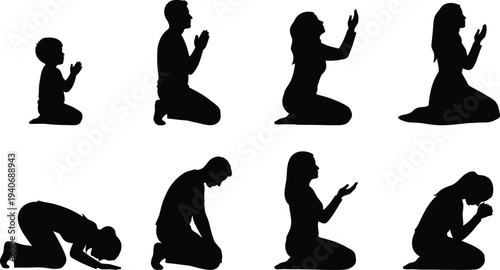Black silhouettes set of men women and a child kneeling and bowing in prayer and meditation isolated on white background for religious spiritual concepts
