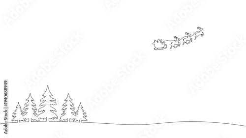 Santa Claus sleigh pulled by reindeer flying over minimalist pine trees in a simple black line drawing illustration