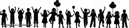 Black silhouettes set of many happy children and diverse kids playing jumping and holding balloons isolated on white background for childhood and school concepts