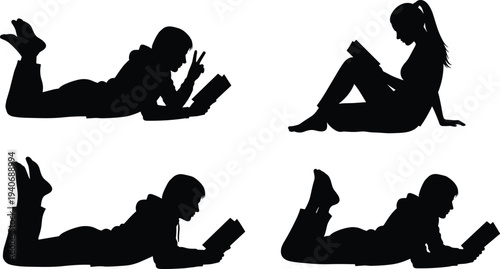 Black silhouettes set of young people reading books while lying on stomach and sitting on floor isolated on white background for education and literacy