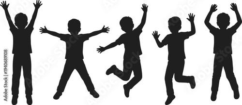 Happy children silhouettes set featuring young boys jumping playing and celebrating with raised arms isolated on white background for childhood joy and school designs