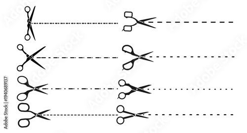Scissors cutting dashed line, paper cut symbol vector set