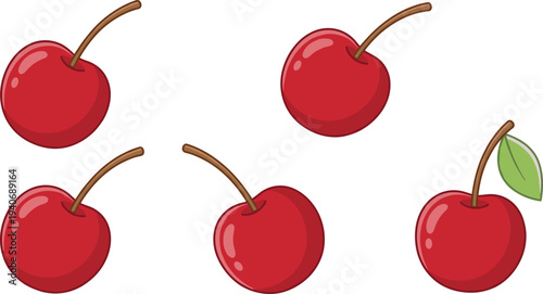 Red cherry fruit illustration set with stems and green leaf on white background isolated organic sweet berry icons for healthy food design concepts