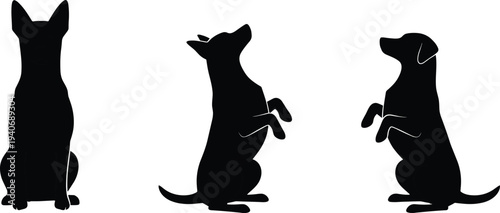 Black dog silhouettes set featuring canine pets sitting and begging for food with raised paws isolated on white background for veterinary and animal care designs