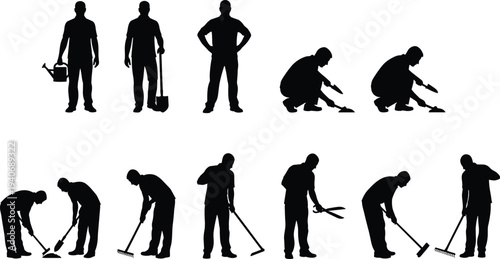Black gardening silhouettes set featuring men using shovels rakes watering cans and shears for backyard maintenance landscaping and agricultural work isolated on white background