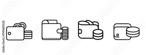 Wallet and stacked coins outline icon set featuring money purse and cash savings for financial profit and business payment and more vector illustration or editable stroke