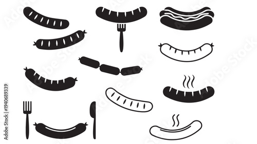 Sausages and hot dogs icon set with forks, knives, and steam illustrations on white background featuring sausage, collection, food with meat and