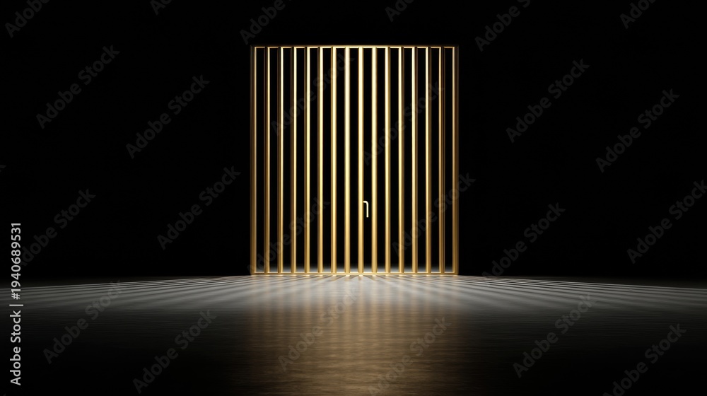 Fototapeta premium Golden Compliance Key Floats Above a Locked Digital Gate With Dark Background and Wide Negative Space in a Modern Setting