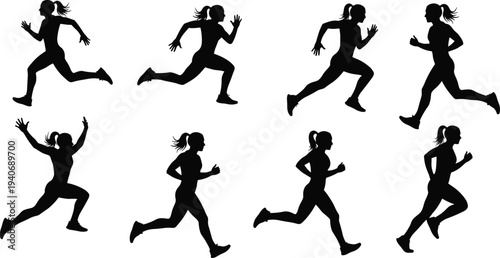 Set of black female runner silhouettes in various sprinting and jogging poses, featuring athletic women training for marathons and fitness