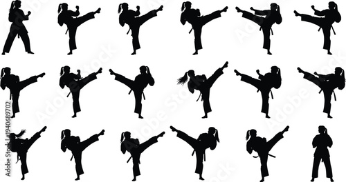 Set of black male silhouettes in various poses including walking, waving, standing, reaching, and celebrating success, isolated on white background