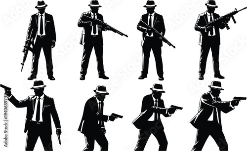 Set of black gangster silhouettes in suits and fedoras holding various weapons including pistols, rifles, and shotguns, isolated on white