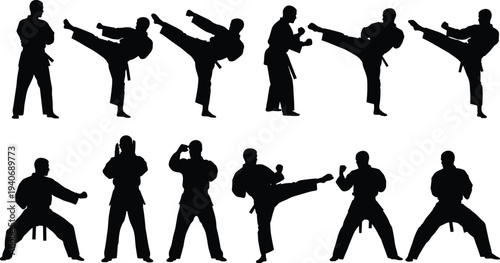 Set of black male karate silhouettes performing high kicks and martial arts poses, isolated on white background, for sports design