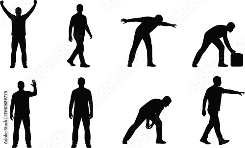 Set of black silhouettes featuring professional cleaners with mops, spray bottles, buckets, and janitorial carts, isolated on a white background