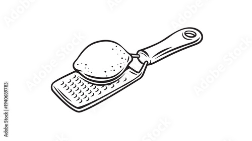 Zester tool with a lemon wedge for citrus zest preparation in a kitchen, presented in a stylized black and white illustration.