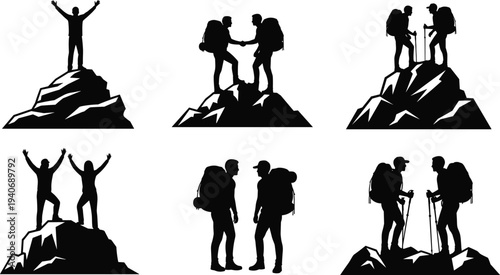 Set of black mountain climber silhouettes on peaks, showing hikers with backpacks, celebrating success, and teamwork, isolated on white background
