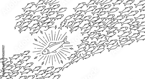 Minimalist line art vector of a glowing fish swimming against the crowd, concept of leadership and standing out